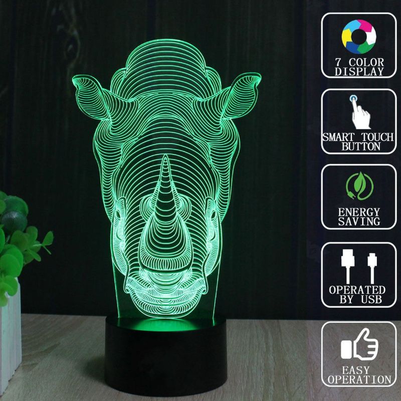 Životinje Rhino 3d Led Iluzija Noćno Svjetlo 7 Boja Promjena Dodira Prekidač Stolna Svjetiljka Kućni Ured