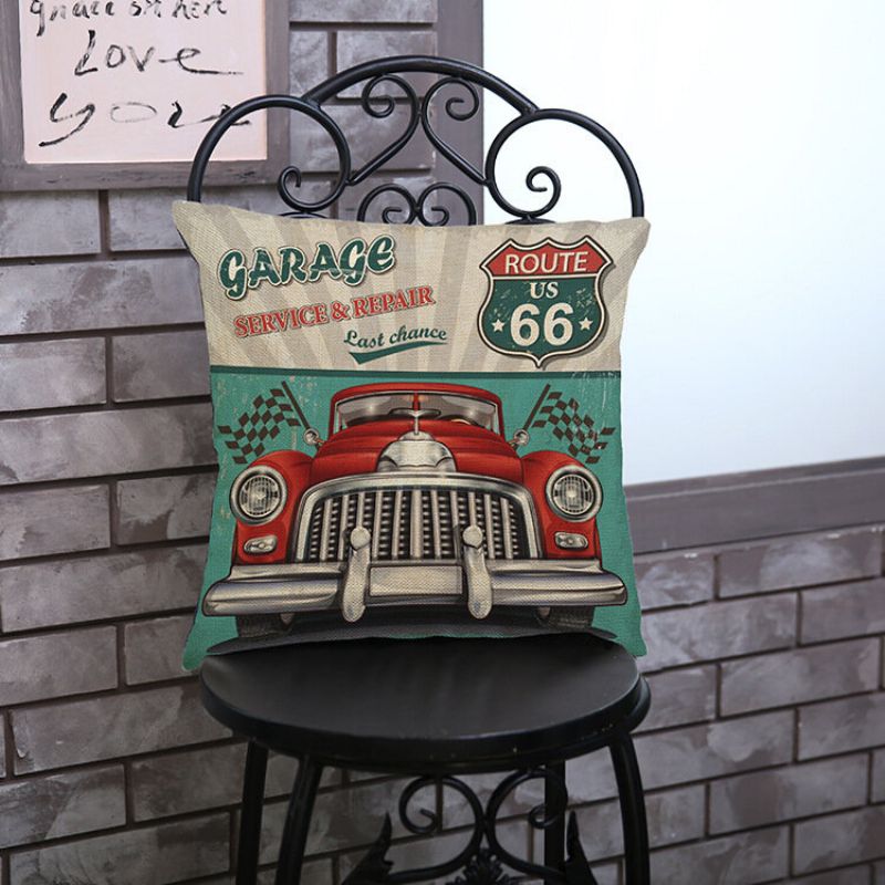 Vintage America Route 66 Klasični Automobili S Uzorkom Lanene Jastučnice Kućni Kauč Art Decor