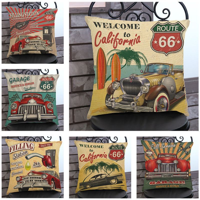 Vintage America Route 66 Klasični Automobili S Uzorkom Lanene Jastučnice Kućni Kauč Art Decor