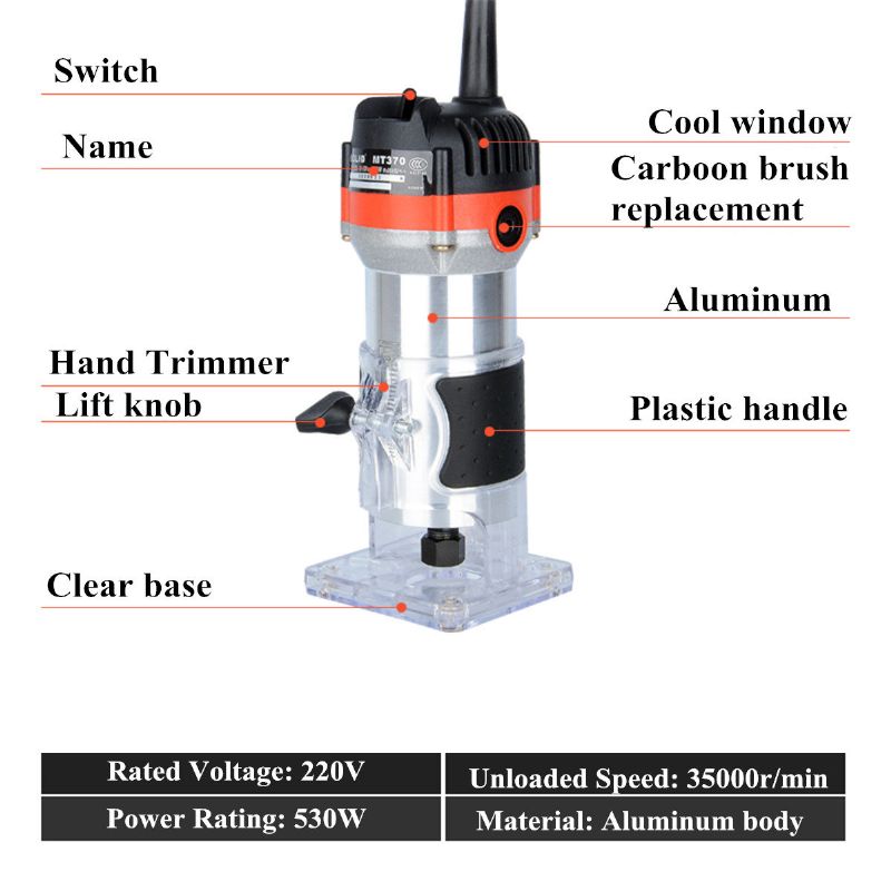 35000rpm 530w 1/4 Inča Električni Ručni Trimer Laminator Za Drvo Glodalica Za Dlan Stolar Alati Za Obradu Drveta